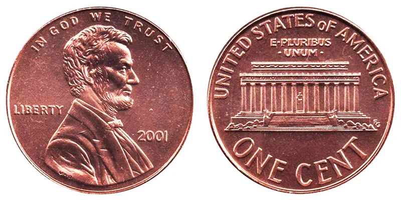 2001 Lincoln Memorial penny obverse and reverse showing Lincoln portrait and Lincoln Memorial design
