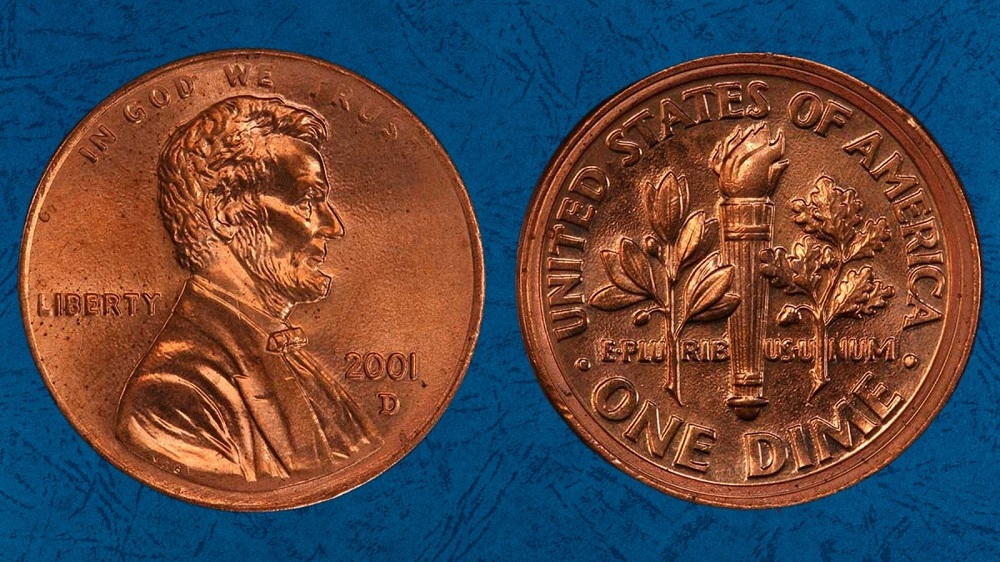 Comparison of standard 2001 penny reverse with Lincoln Memorial versus 2001-D mule error reverse showing Roosevelt Dime torch design