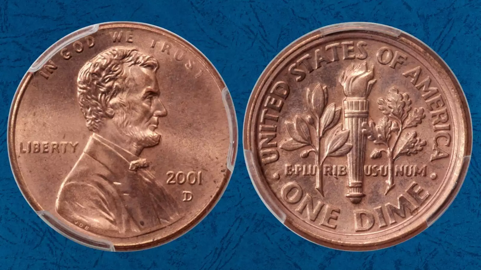 2001-D Mule Error reverse showing Roosevelt Dime torch design on a Lincoln penny planchet