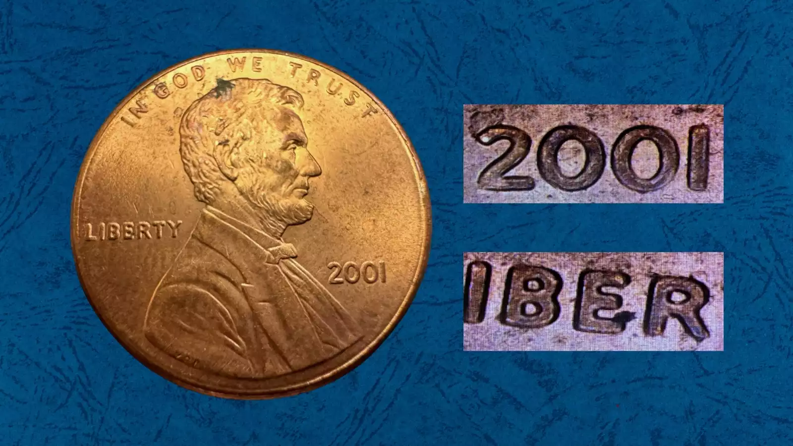 Close-up of 2001 penny doubled die obverse error showing subtle doubling in Lincoln portrait and lettering