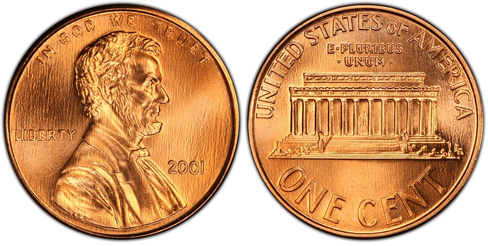 Grading strip showing 2001 Lincoln Memorial penny in four condition tiers from worn to gem uncirculated
